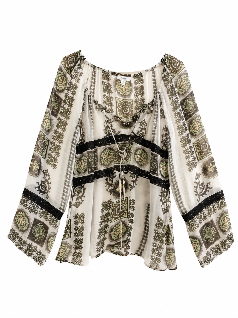 Cache Sheer Green, Black and White Paisley Tie-Front Blouse